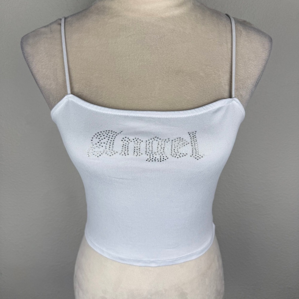 Y2K Wild Rose White Angel Rhinestone Cami Crop Top Spaghetti Strap Stretchy Sz M